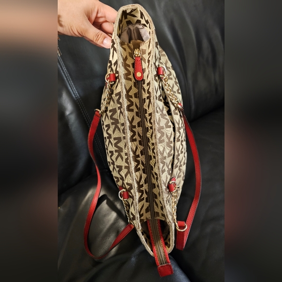 Michael Kors Monogrammed Shoulder Handbag with Red Leather accents EUC - Picture 10 of 16